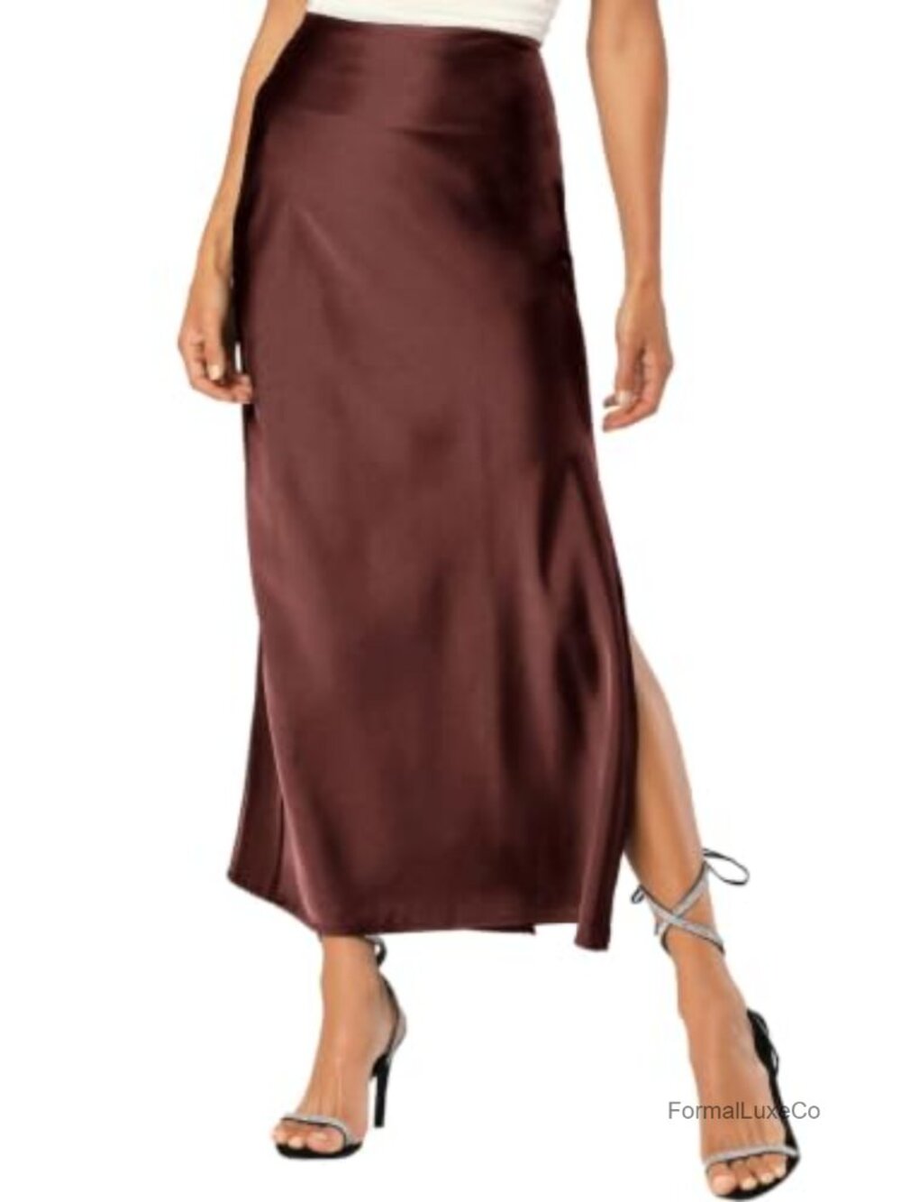 Satin Silk Maxi Slit Skirt Elastic Waistband High Split A-Line Flowy Hem